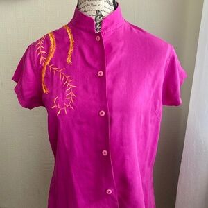 Shanghai Tang Magenta Embroidered Blouse with Phoenix Details